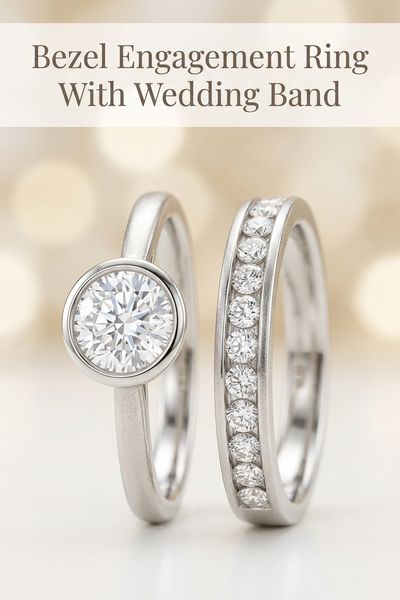 bezel engagement ring with wedding band