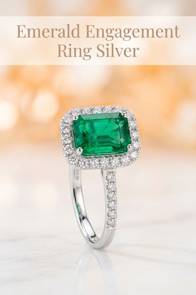 emerald engagement ring silver