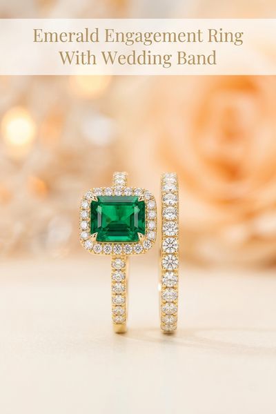 emerald engagement ring with wedding band