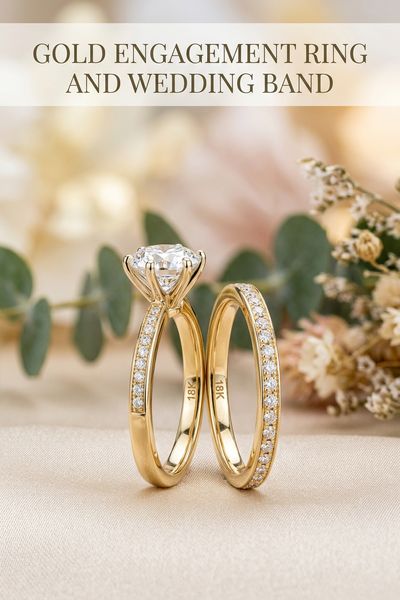 gold engagement ring and wedding band