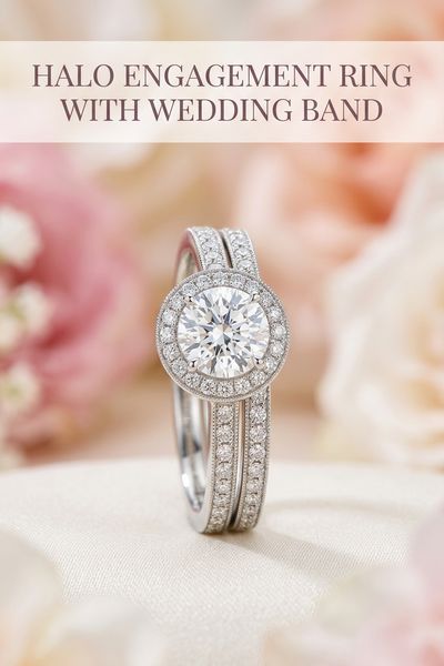 halo engagement ring with wedding band