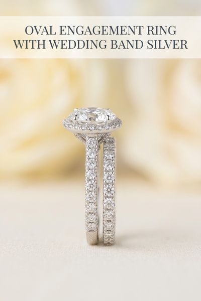 oval engagement ring with wedding band silver