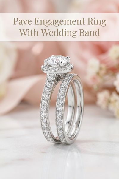 pave engagement ring with wedding band