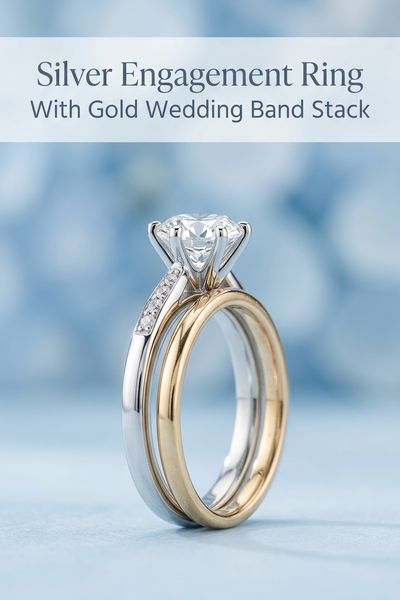 silver engagement ring with gold wedding band stack